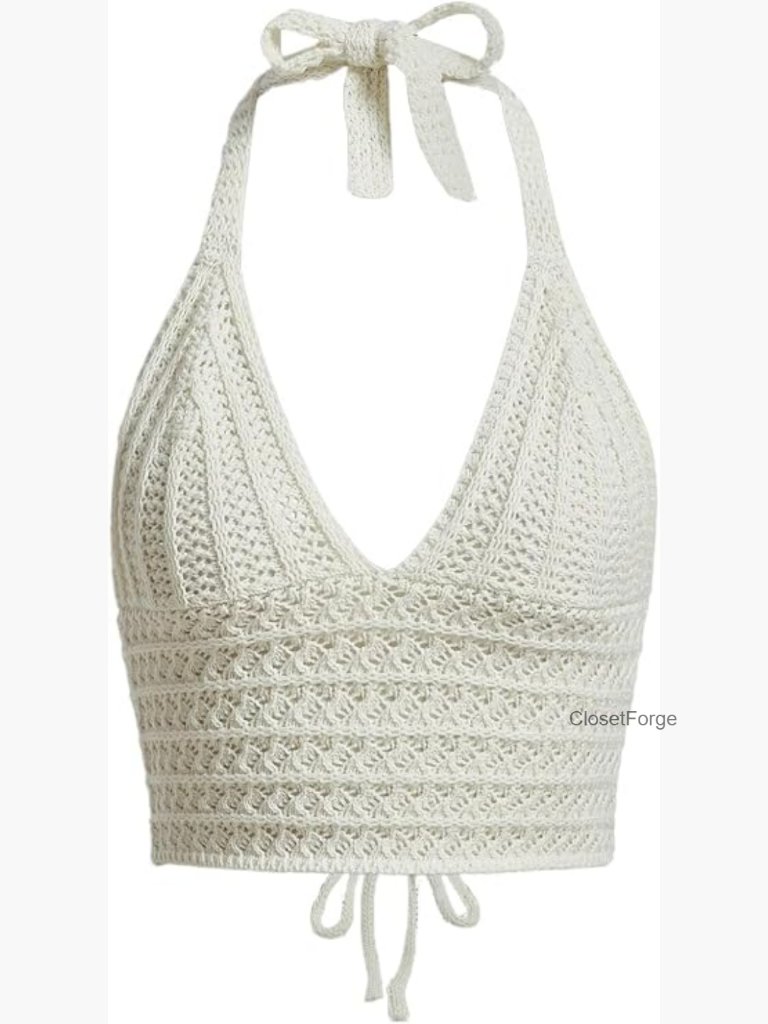 Sexy Crochet Halter Crop Top Y2k Knitted V Neck Sleeveless Backless Lace Up